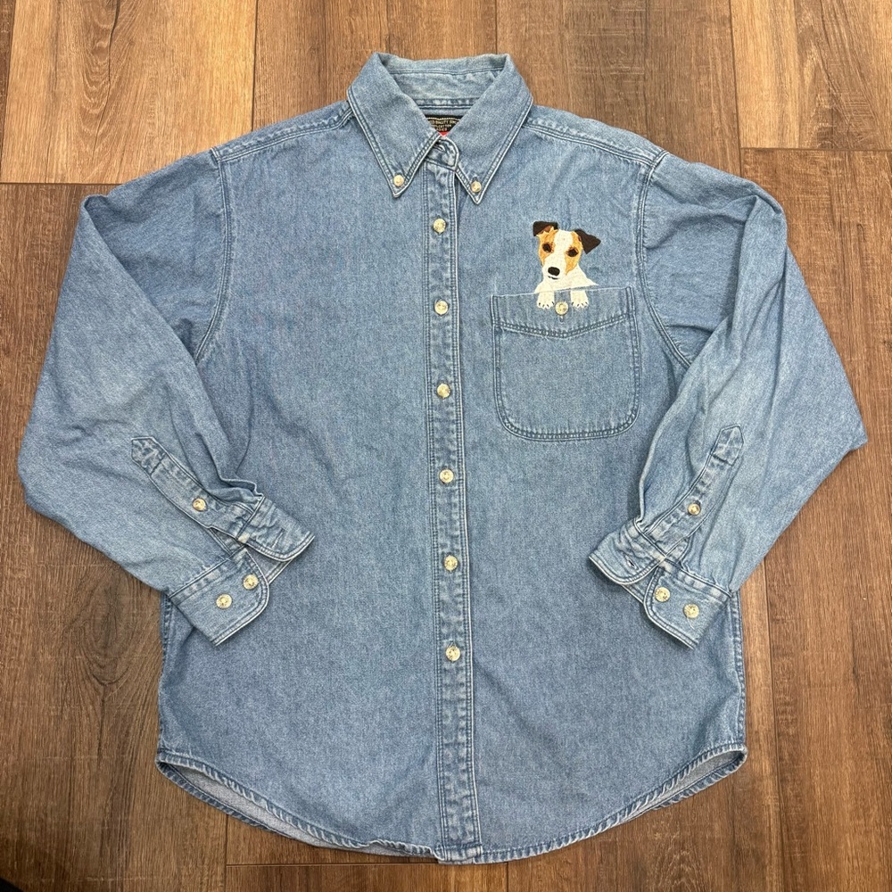 Wrangler denim button down dog terrier embroidered sort shirt cotton